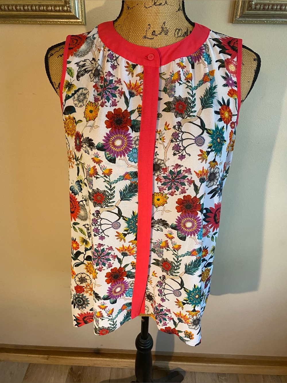 Nicole by Nicole Miller Women’s SM Blouse Hi/Lo Shell Top Sleeveless Coral Trim